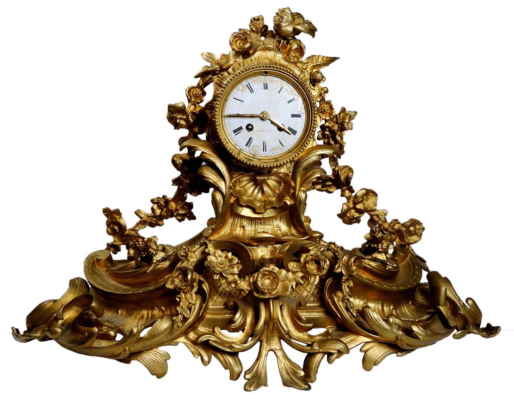 ANTIQUE BRONZE DORE' LE ROY PARIS CLOCK CASE: ANTIQUE BRONZE DORE' LE ROY PARIS CLOCK CASE 19th Century Case only; Ornate Louis XV style bronze dore' clock case, Le Roy Paris porcelain face with cobalt numerals (damaged), replaced hands. No works