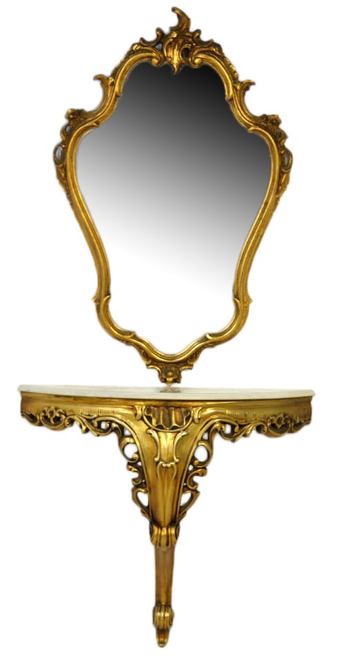 LOUIS XV STYLE GILT CONSOLE AND MIRROR: LOUIS XV STYLE GILT CONSOLE AND MIRROR Mid 20th Century A beautiful pierce carved, single leg, wall mount, ""bracket style"" console table with white onyx top and matching mirror. All over carved deco