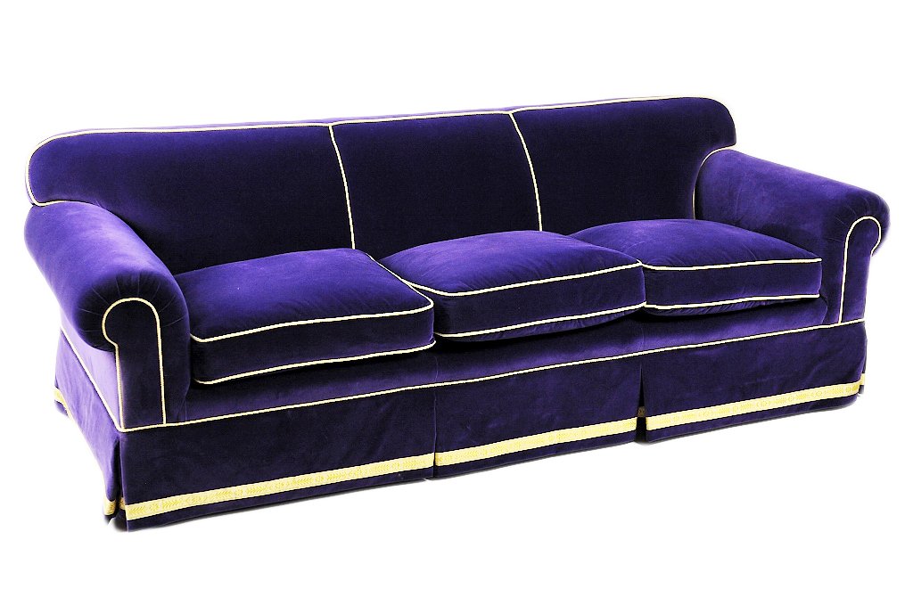 CUSTOM J. RANDALL POWERS AMETHYST VELVET SOFA: CUSTOM J. RANDALL POWERS AMETHYST VELVET SOFA 20th Century A three seat rolled arm custom sofa with down cushion inserts, tight back, in brilliant amethyst velvet with citron yellow cord and decorated