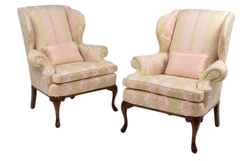 PAIR OF QUEEEN ANNE STYLE WING BACK CHAIRS: PAIR OF QUEEEN ANNE STYLE WING BACK CHAIRS 20th Century Traditional styling by FAIRFIELD with stained wood cabriole legs and loose seat cushions, striped silk damask covers in pink and cream. Very goo