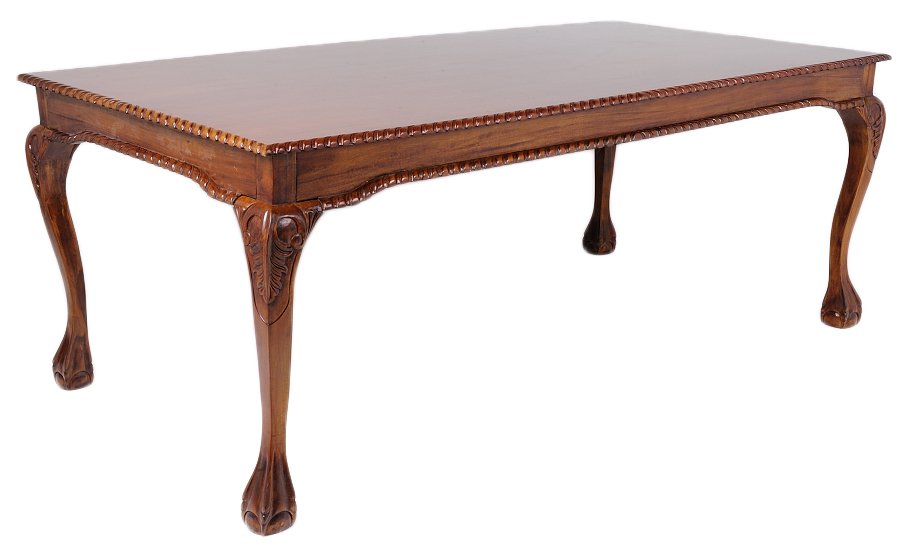 CHIPPENDALE STYLE MAHOGANY DINING TABLE: CHIPPENDALE STYLE MAHOGANY DINING TABLE 20th Century Solid mahogany, gadroon carved top and apron edge band, cabriole legs with acanthus carved knee with ball and claw foot. 32 x 83 x 41½ inches