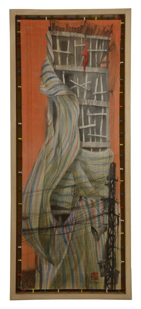 NGUYEN, THE SON, (Vietnamese,1978), "NEW HIGHER LE: NGUYEN, THE SON (Vietnamese,1978) ""NEW HIGHER LEVELY"" Oil on silk canvas, stamped in Vietnamese and signed ""NGUYEN"" 47 x 17 inches
