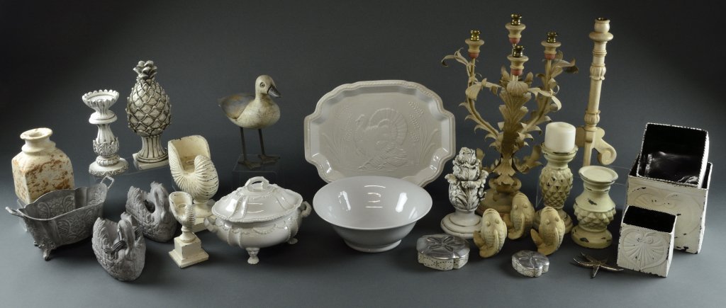 DESIGNERS WHITE ACCESSORY GROUP: DESIGNERS WHITE ACCESSORY GROUP 20th Century Including: a large American white turkey platter, an Italian white lidded casserole with three human-head feet, two Philippine carved wood shell-form candl
