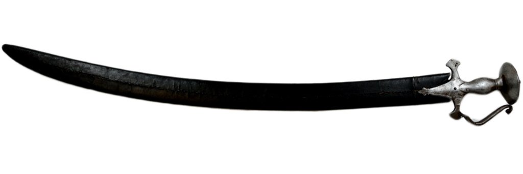ANTIQUE INDO-PERSIAN STEEL SWORD WITH SHEATH: ANTIQUE INDO-PERSIAN STEEL SWORD WITH SHEATH 19th Century. The tulwar sword having a kilig blade and a solid steel hilt with a knuckle-bow guard and a crossguard formed by quillons and languets; the h