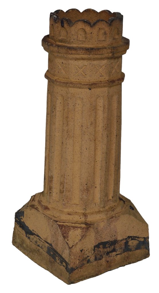 ANTIQUE TERRA COTTA CHIMNEY POT: ANTIQUE TERRA COTTA CHIMNEY POT 19th Century Antique English terra cotta chimney pot, fluted pipe with molded bands and incised decoration with crinolated edge. These make nice garden ornaments and pl