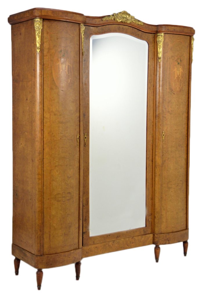 ANTIQUE FRENCH MARQUETRY ARMOIRE: ANTIQUE FRENCH MARQUETRY ARMOIRE Early 20th Century The burled elm body, with satinwood and ebony stringer inlay, features large oval medallions on each of the outside doors, inlays of pear, olive woo
