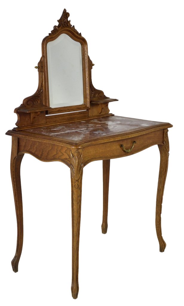 LOUIS XV STYLE DRESSING TABLE: LOUIS XV STYLE DRESSING TABLE France, 19th Century Oak, a petite dressing table with inset rouge marble top, a single lap drawer within the shaped apron, raised on delicate cabriole legs with acanthus