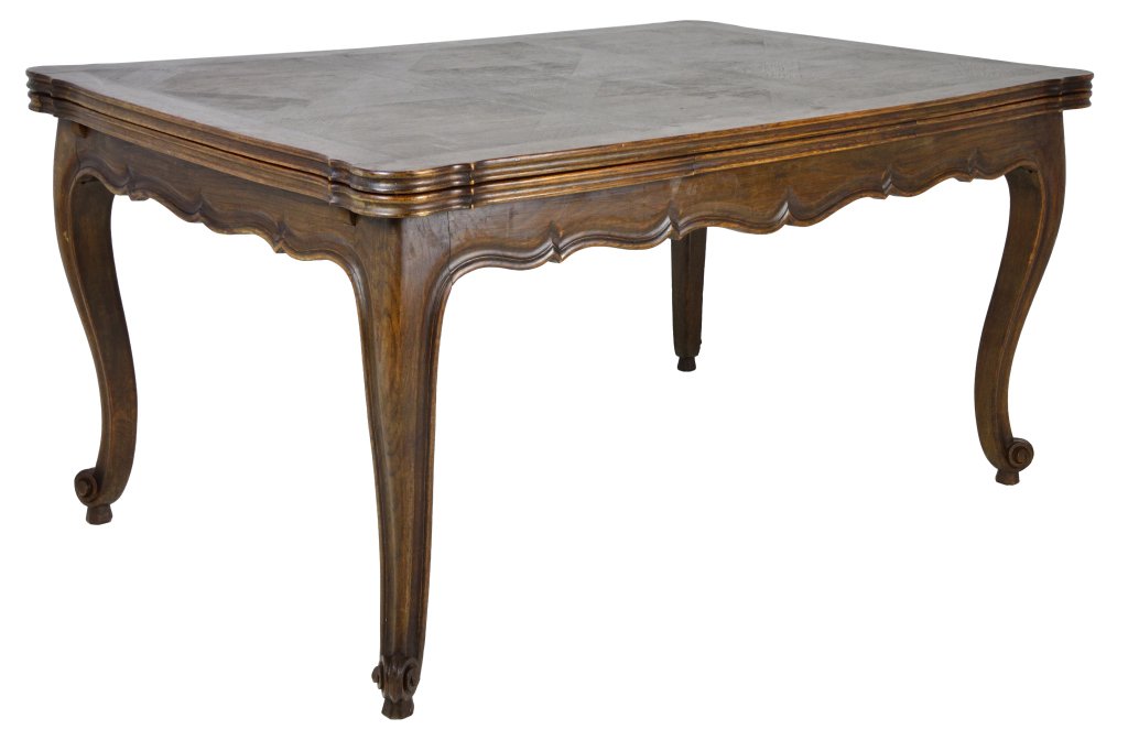 LOUIS XV STYLE DRAW LEAF TABLE: LOUIS XV STYLE DRAW LEAF TABLE France, Early 20th Century Solid walnut; basket weave parquetry top, scalloped and shaped apron with ribbon carved edge, supported on robust cabriole legs. 29½ x 59 x 3