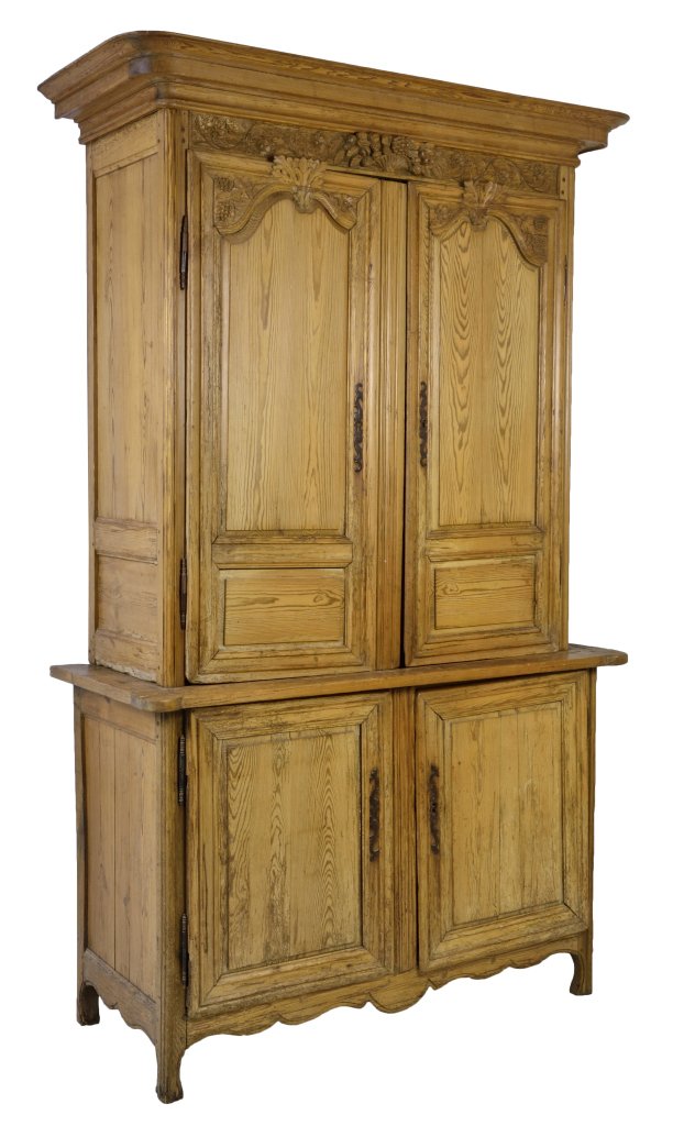 ANTIQUE LOUIS XV PINE BUFFET DUEX CORPS: ANTIQUE LOUIS XV PINE BUFFET DUEX CORPS France, Late 18th - Early 19th Century Raised panel construction with pegging, pierced iron escutcheons and primitive iron hinging to the doors, the two door ba