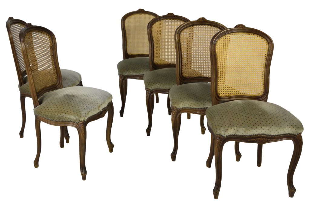 SIX LOUIS XV STYLE SIDE CHAIRS: SIX LOUIS XV STYLE SIDE CHAIRS France, Early 20th Century The set of six, nicely proportioned carved beech frame chairs with newer natural cane backs, the arch of the back, front apron and the knee of