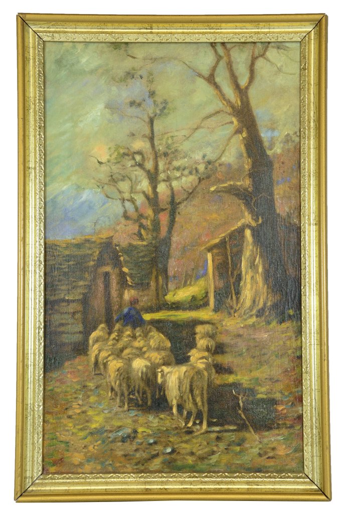19TH CENTURY CONTINENTAL SCHOOL: 19TH CENTURY CONTINENTAL SCHOOL ""SHEPARD AND FLOCK OF SHEEP"" Oil on canvas. 26 x 16 inches.