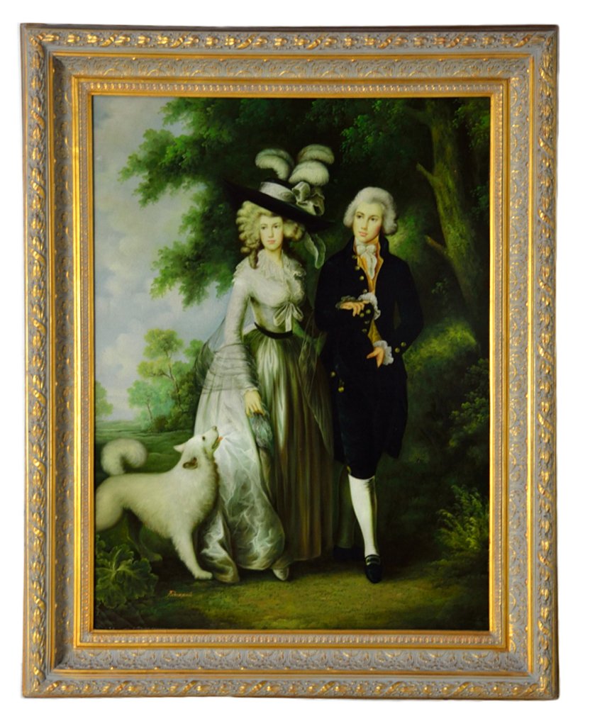 PATIERNO: PATIERNO ""HOMAGE TO THOMAS GAINSBOROUGH"" 20th Centurycanvas featuring an elegant couple in 18th Century dress waking with a dog. Signed ""PATIERNO"" to the lower left, artist unknown. Housed in an o