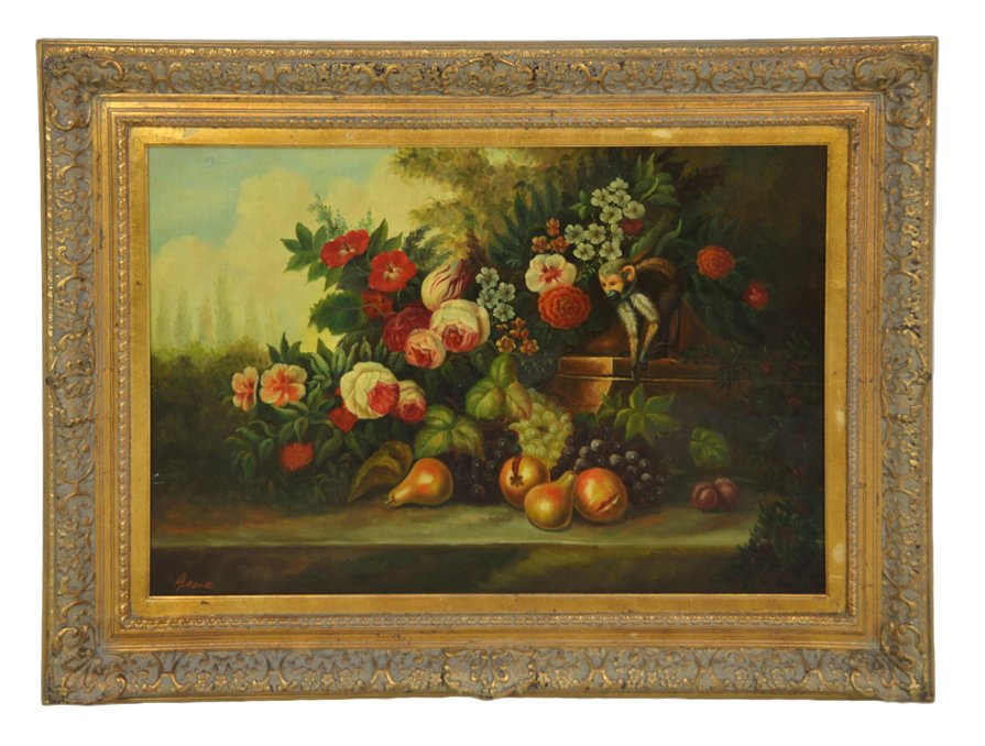 A LARGE FLEMISH STYLE OIL PAINTING: A LARGE FLEMISH STYLE OIL PAINTING 20th Century Still Life, oil on canvas in the Flemish style;featuring flowers, fruit and a monkey. Signed AIRELE, unknown. 23 x 35 inches