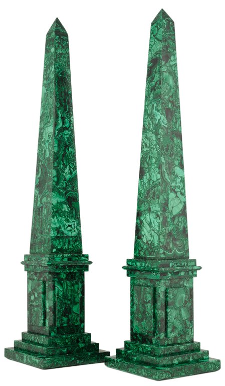 A PAIR OF LARGE MALACHITE OBELISKS 20th Century Ver: A PAIR OF LARGE MALACHITE OBELISKS 20th Century Of classic form, the tapering obelisks with malachite tesserae are supported by stepped conforming collars and pedestals with raised reserves. All raise