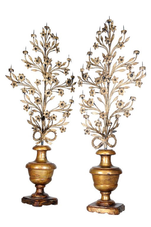 A PAIR OF ANTIQUE SPANISH COLONIAL 12 LIGHT SILVER: A PAIR OF ANTIQUE SPANISH COLONIAL 12 LIGHT SILVERED IRON ARMATURES WITH GILT WOOD BASES 19th Century The twelve light wrought iron pricket candelabras take the form of a tree with fully modeled flowe