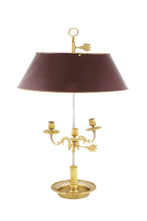 A PAIR OF FRENCH BOUILLOTTE LAMPS WITH TOLE SHADES: A PAIR OF FRENCH BOUILLOTTE LAMPS WITH TOLE SHADES France, Late 19th Century A flaring circular burgundy tole shade adjustable in height above a three light gilt bronze fixture also adjustable in heig