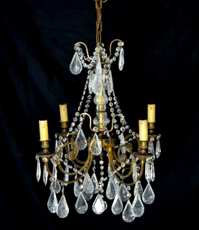ANTIQUE BRONZE AND CRYSTAL CHANDELIER: ANTIQUE BRONZE AND CRYSTAL CHANDELIER Late19th - Early 20th Century 4 lite; beautiful scroll arm bronze frame, dressed with strings of hexagon cut crystal beads, facet cut crystal spears hung from bob