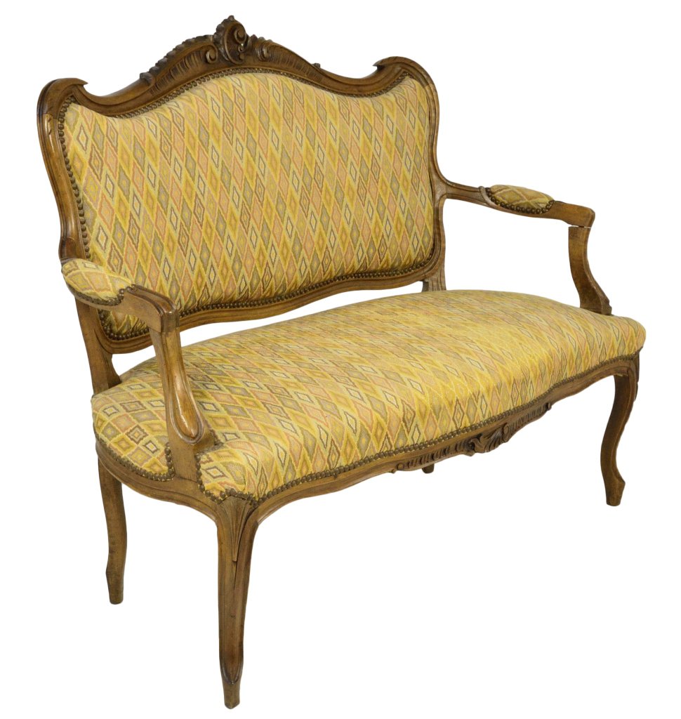 LOUIS XV STYLE SETTEE: LOUIS XV STYLE SETTEE 19th - 20th Century, France Scrolling nautilus carved arch with acanthus. Diamond fabric with wood nail head seams. Foliate carved scalloped apron with cabriole front legs and cu