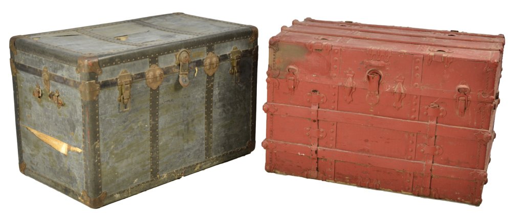 TWO ANTIQUE STEAMER TRUNKS: TWO ANTIQUE STEAMER TRUNKS Late 19th and Early 20th Centuries Century Both canvas over wood construction; the 19th century trunk on right having it's original oak slats, metal work and partial leather