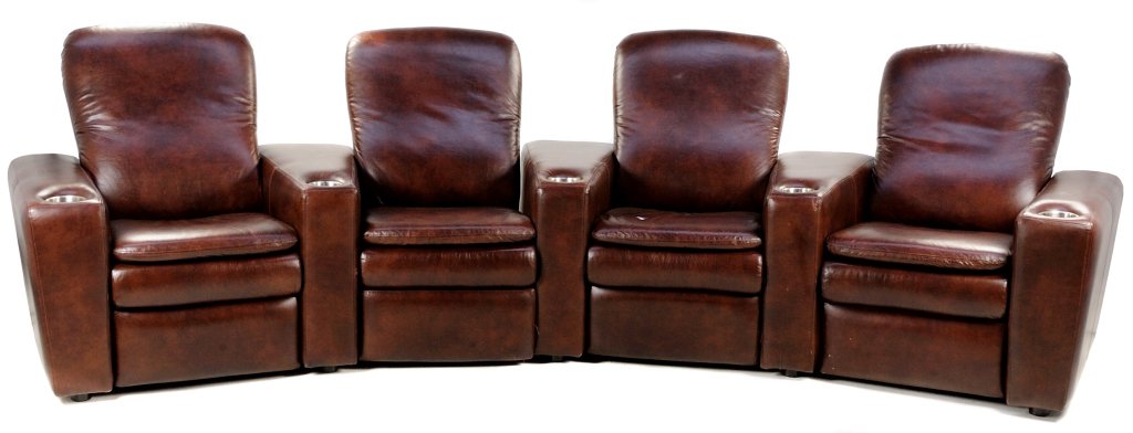 A BANK OF FOUR THEATER SEATS: A BANK OF FOUR THEATER SEATS 20th Century The four reclining chairs, covered in supple faux leather with brushed steel cupholders creates an arc of seating for a luxurious at home silver screen experi