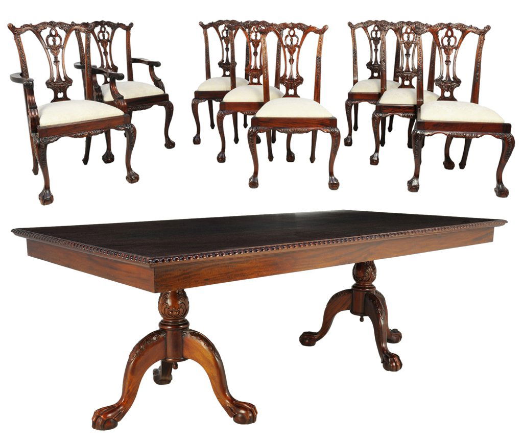 CHIPPENDALE STYLE TABLE AND CHAIRS: CHIPPENDALE STYLE TABLE AND CHAIRS 20th Century Made of mahogany this table features a ribbon carved edge and rests on two vase turned uprights with acanthus carved details on tripod ball and claw fee