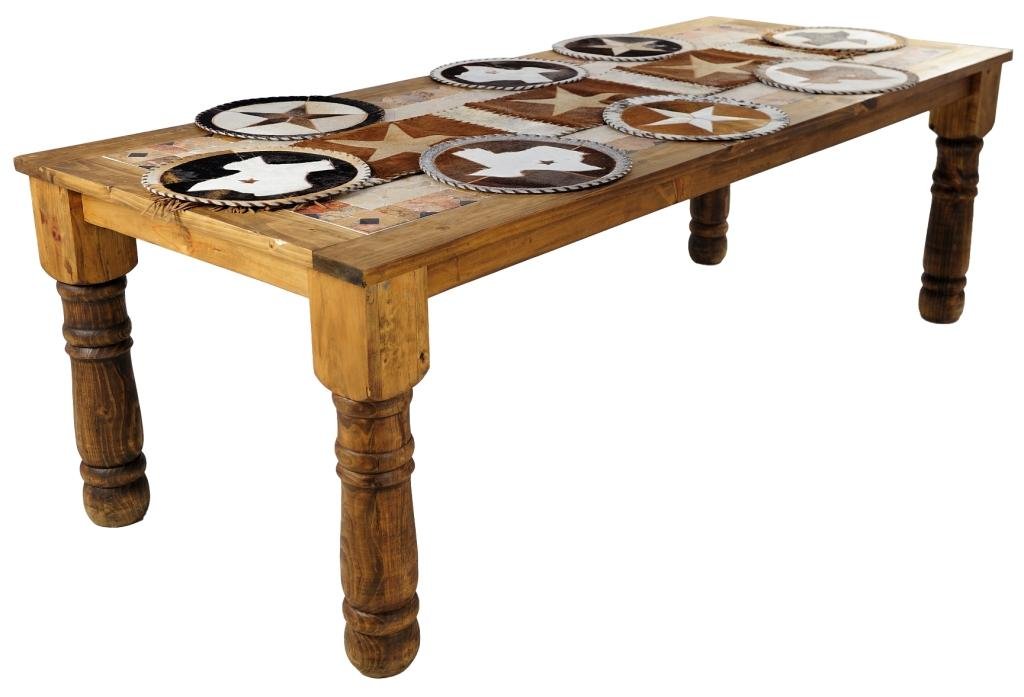 RUSTIC PINE AND MOSAIC STONE TOP TEXAS TABLE: RUSTIC PINE AND MOSAIC STONE TOP TEXAS TABLE 20th Century This country table features a natural stone Texas Lone Star mosaic table top with a solid oak frame, raised on oversized rustic ring turned le