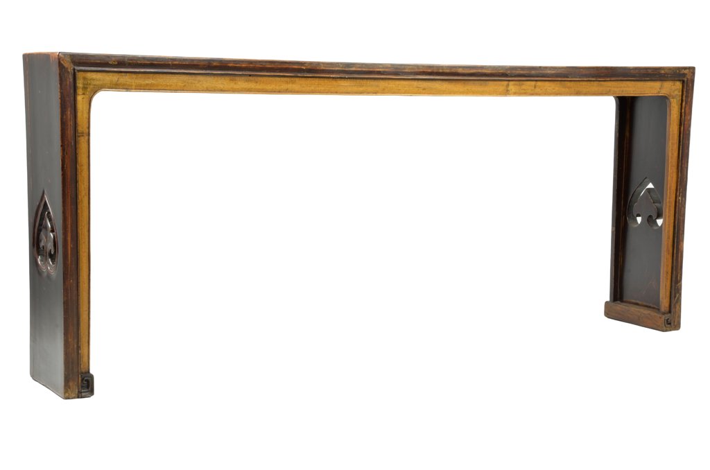 A LARGE ANTIQUE CHINESE ELM ALTAR TABLE Early Qing: A LARGE ANTIQUE CHINESE ELM ALTAR TABLE Early Qing Dynasty The Zen like simplicity of the black lacquer on elm frame featuring delicate convex and bead carving on the edges supported by a conforming r