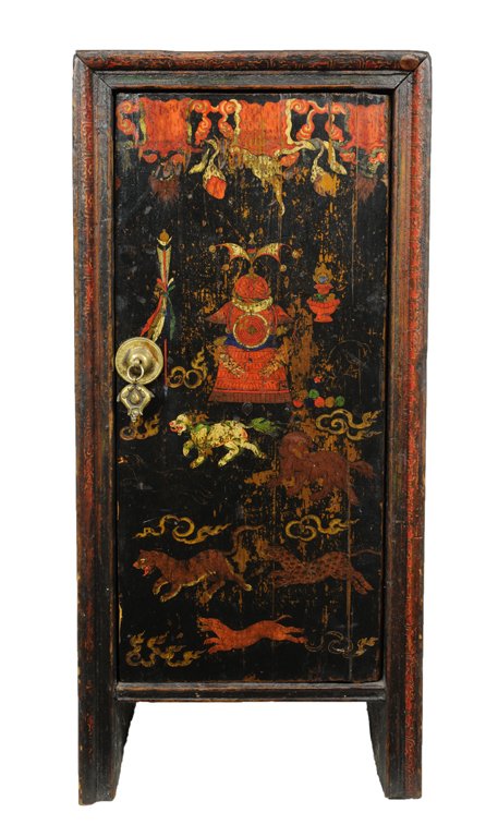 A TIBETAN ANTIQUE "BEG TS'E ARMOUR" SHRINE CABINET: A TIBETAN ANTIQUE ""BEG TS'E ARMOUR"" SHRINE CABINET Lhasa, Tibet, 18th Century Richly executed, hand-painted shrine cabinet in the mystical black painting style prevalent in the Tsang region during t