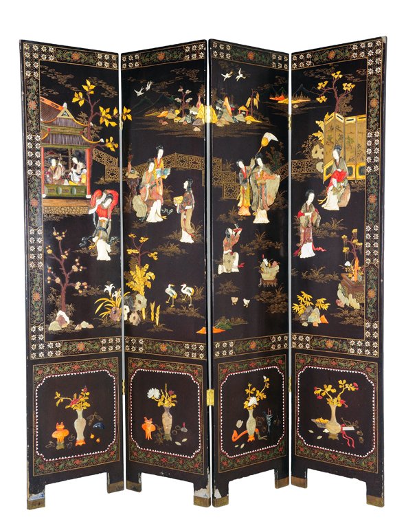 A CHINESE FOUR PANEL INLAID FLOOR SCREEN Purchased: A CHINESE FOUR PANEL INLAID FLOOR SCREEN Purchased in Paris, Mid 20th Century The outdoor temple grounds in springtime with court figures in various states of repose or intellectual activity are depic