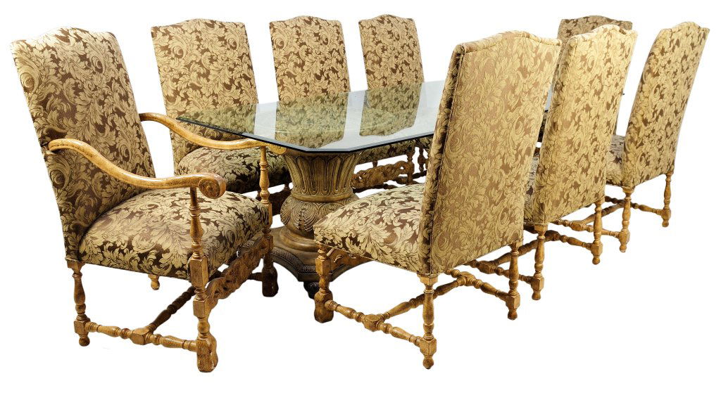 LARGE GLASS TOP TABLE WITH EIGHT CHAIRS: LARGE GLASS TOP TABLE WITH EIGHT CHAIRS 20th Century A large glass top dining table with painted Corinthian uprights, paired with six carved dining chairs and two armchairs with matching acanthus deta