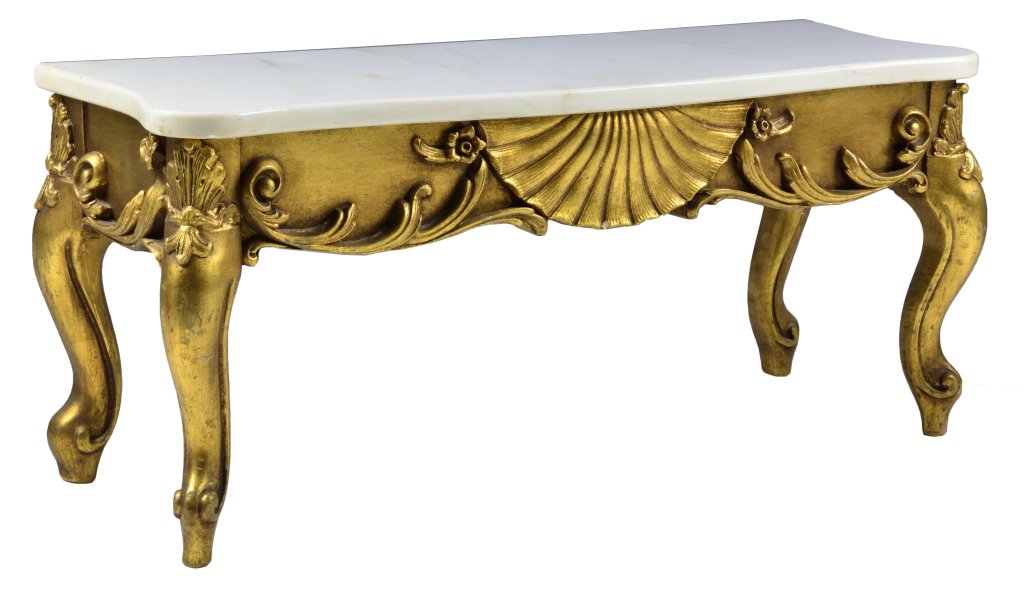 LOUIS XV STYLE GILT PIER CONSOLE: LOUIS XV STYLE GILT PIER CONSOLE 20th Century Louis XV style gilt table has smooth white marble top with scalloped edges. A large coquillage at center of scalloped apron with scrolling acanthus and fl