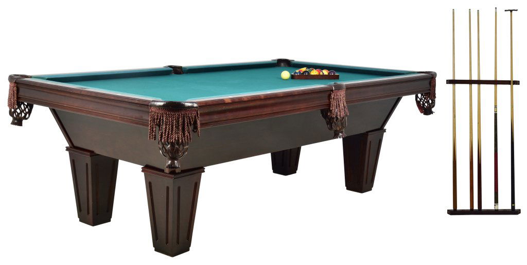 THE "BRUNSWICK" POOL TABLE GENTLEMAN'S GROUPING: THE ""BRUNSWICK"" POOL TABLE GENTLEMAN'S GROUPING 20th Century A BRUNSWICK pool table with abalone sights, a green felt table top, having leather fringed pockets, a carved stepped edge, raised on larg