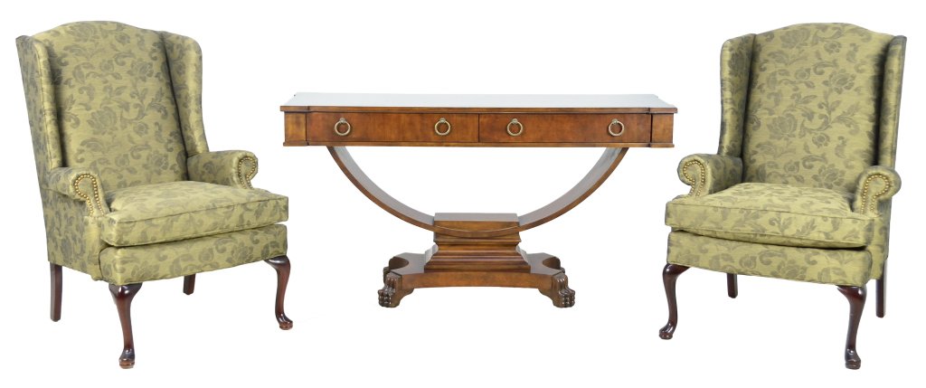 A GROUPING OF QUEEN ANN & EMPIRE STYLE FURNITURE: A GROUPING OF QUEEN ANN & EMPIRE STYLE FURNITURE 20th Century A grouping of furniture includes a pair of covered Queen Ann wing back arm chairs with ""T"" seats, and an Empire style console table with
