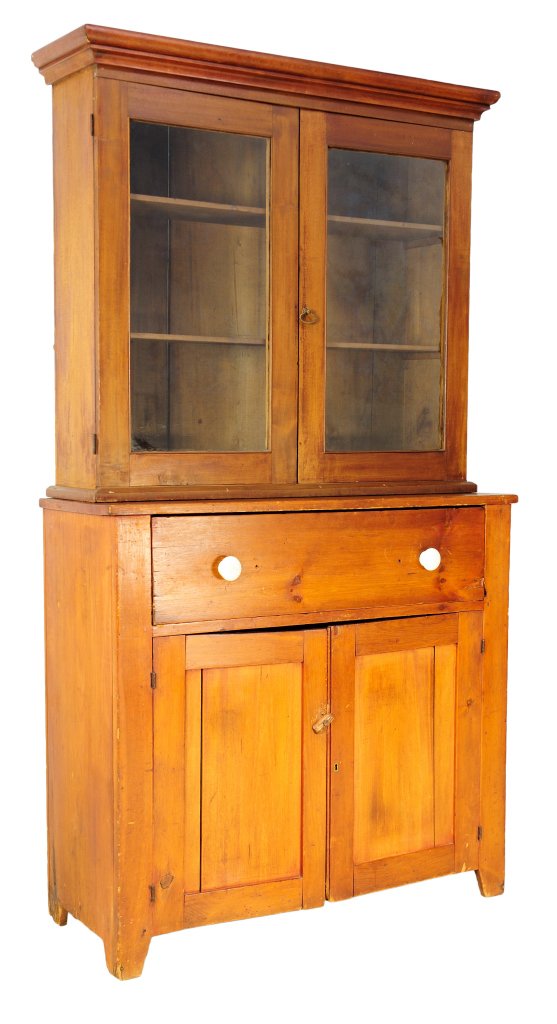 RUSTIC FRENCH STYLE OAK SIDEBOARD: RUSTIC FRENCH STYLE OAK SIDEBOARD 19th-1st Quarter 20th Century An oak carved rustic French style sideboard with inverted stepped cornice and to glazed panel upper doors, having a stepped base with a 
