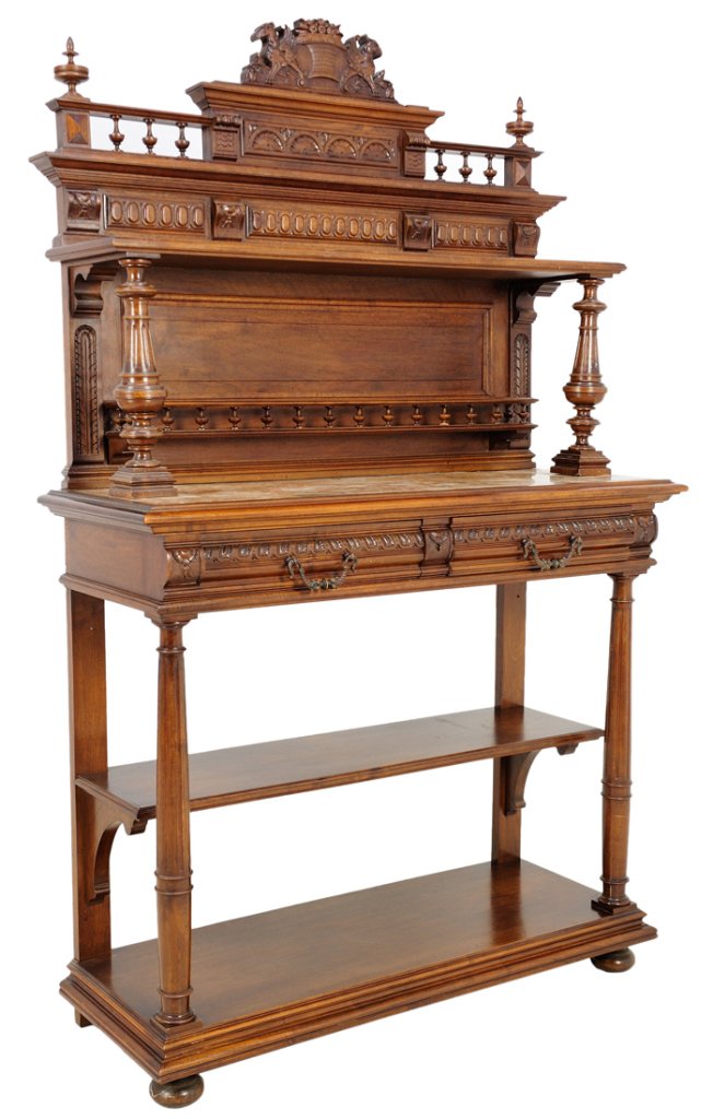 ANTIQUE FRENCH VICTORIAN STYLE WALNUT SIDEBOARD: ANTIQUE FRENCH VICTORIAN STYLE WALNUT SIDEBOARD 19th Century, France This walnut carved sideboard with a basket and floral arch is flanked by two chimeras with a stepped frieze having a finial spandre
