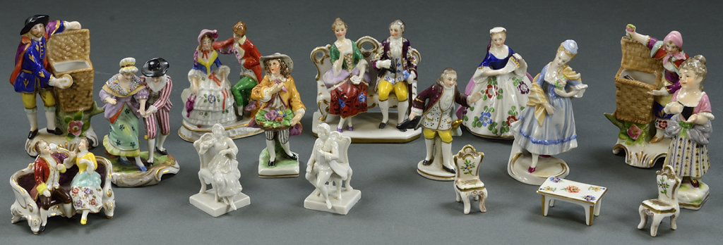 A DRESDEN, CAPODIMONTE AND ROSENTHALE COLLECTION O: A DRESDEN, CAPODIMONTE AND ROSENTHALE COLLECTION OF MINIATURE FIGURINES Late 19th - Early 20th Century, Italy and Germany A collection of Dresden style miniature porcelain figurines includes four pair