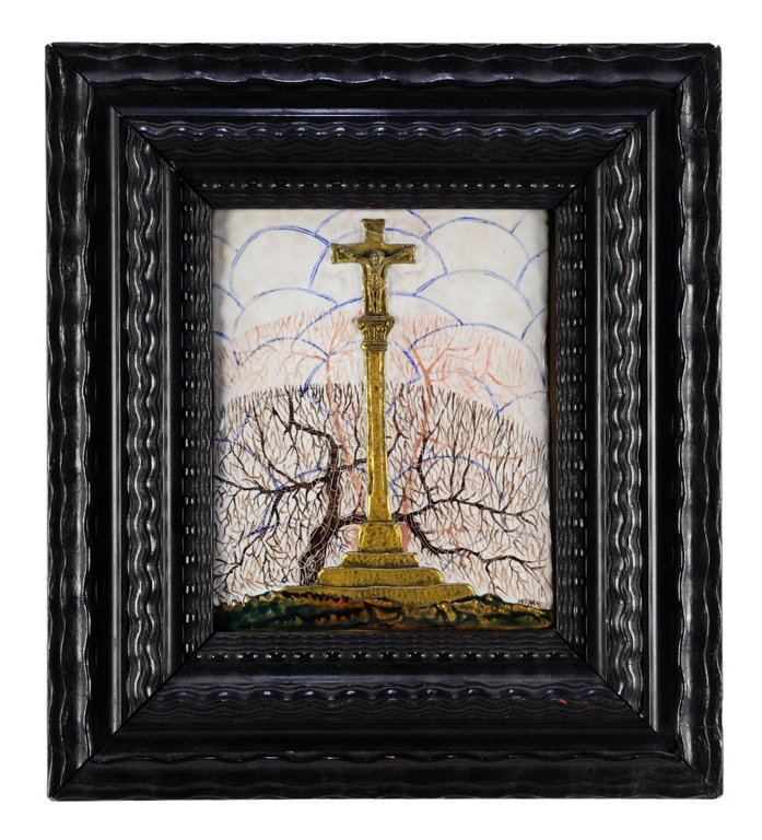 EMANUEL HERNANDEZ (Mexican/American, active in Tex: EMANUEL HERNANDEZ (Mexican/American, active in Texas in 1980s) ""THE CROSS ON THE WAY"" (""EL CRUCERO"") Enamel on an antique ""exvoto"" copper plaque, signed also in enamel ""HERNANDEZ"". On a curly 