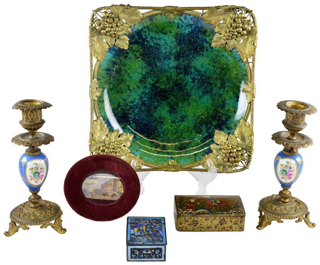 A VINTAGE BOUDOIR DESIGN COLLECTION WITH SEVRES PL: A VINTAGE BOUDOIR DESIGN COLLECTION WITH SEVRES PLATE 20th Century This collection includes: a.) Pair of French, blue candleholders, b.) A miniature velvet framed Doze painting, c.) A small Persian en