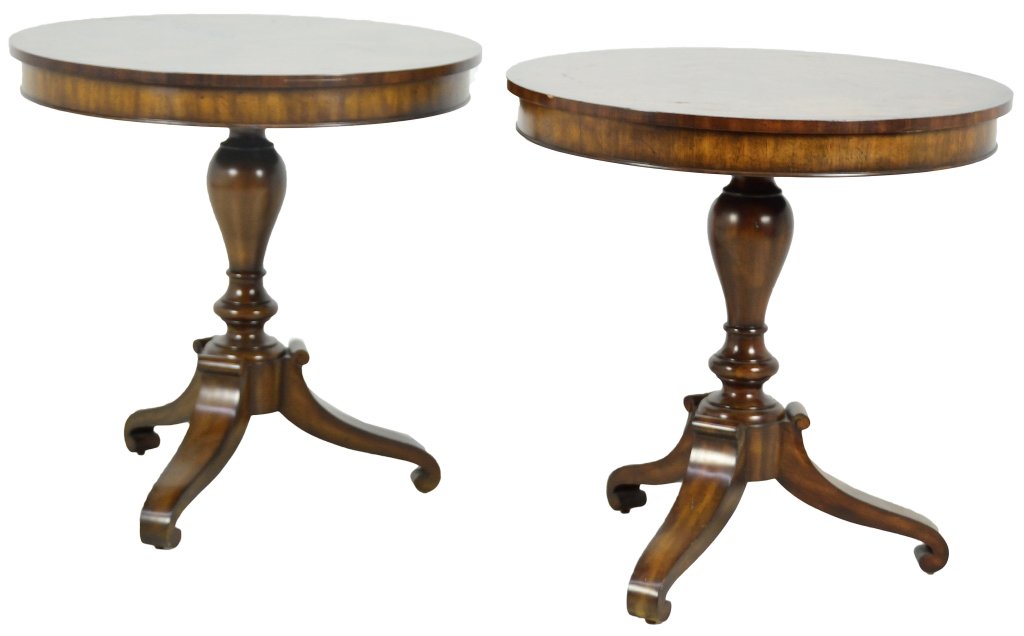 A PAIR OF MAITLAND SMITH ROUND TABLES: A PAIR OF MAITLAND SMITH ROUND TABLES 20th Century, High Point, North Carolina A pair of American made MAITLAND SMITH round side tables having a radiating sunburst pattern with contrasting banding, ha