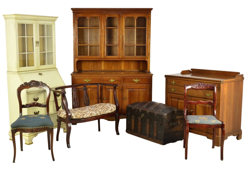 A GROUP OF VINTAGE FURNITURE: A GROUP OF VINTAGE FURNITURE 20th Century A grouping of vintage furniture includes a settee, two ladder back chairs, a folding writing desk with display cabinet, a buffet and a sideboard. China cabine