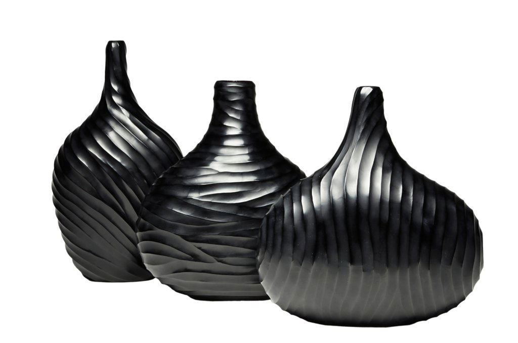 MASSIMO MICHELUZZI (Italian, 1957-): MASSIMO MICHELUZZI (Italian, 1957-) ""BLACK VASE"" 1/2, 2/2 and 2/3, 2003. Three black glass, hand blown, and carved ovoid vessels. Signed on underside ""Massimo Micheluzzi, Murano, 2003"". Provenance