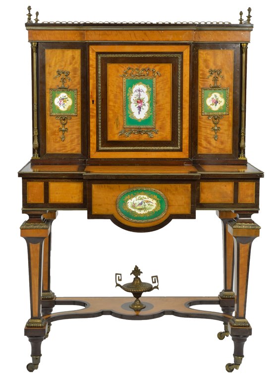 AN ANTIQUE ITALIAN LADIES WRITING DESK FEATURING BR: AN ANTIQUE ITALIAN LADIES WRITING DESK FEATURING BRONZE MOUNTS AND PORCELAIN PLAQUES Early 20th Century The rectilinear cabinet features a pierced bronze gallery, a three door upper cabinet all with r