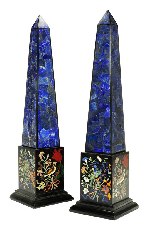 A PAIR OF ITALIAN NEOCLASSICAL STYLE INLAID LAPIS: A PAIR OF ITALIAN NEOCLASSICAL STYLE INLAID LAPIS LAZULI OBELISKS ON PIETRA DURA SPECIMEN MARBLE BASES 20th Century A pair of Italian Neoclassical inlaid lapis lazuli obelisks of typical form, outline