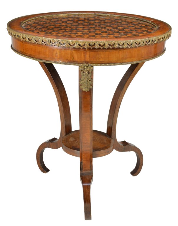 A LOUIS XV STYLE WALNUT PARQUETRY GUERIDON 19th Ce: A LOUIS XV STYLE WALNUT PARQUETRY GUERIDON 19th Century The round walnut top featuring parquetry and gilt beaded surround is highlighted by a pierced gilt cast bronze border supported by three incurvi
