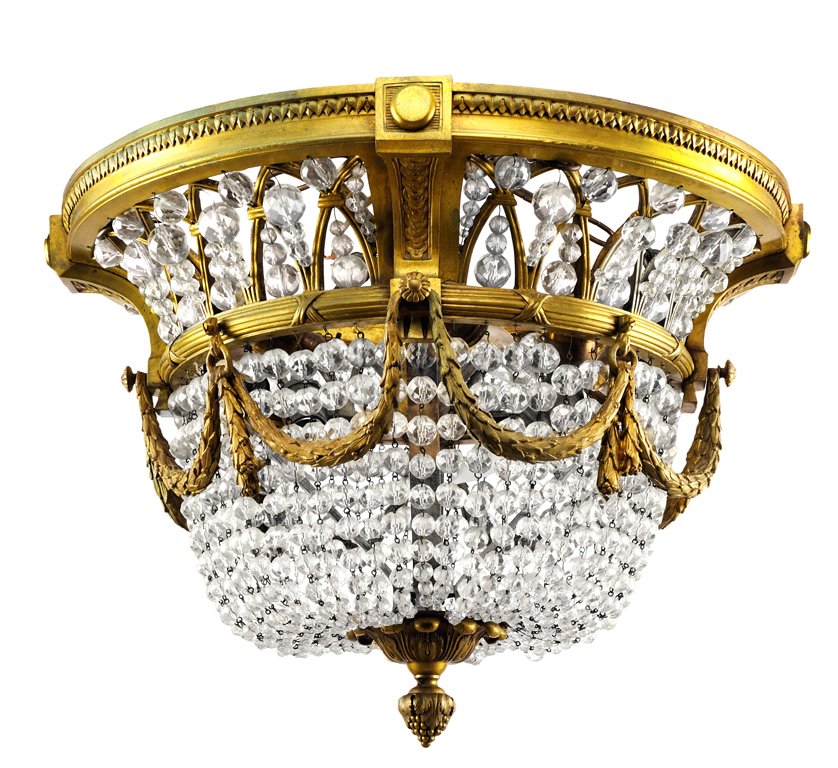 A FINE LOUIS XVI STYLE BRONZE DORE AND CRYSTAL SIX: A FINE LOUIS XVI STYLE BRONZE DORE AND CRYSTAL SIX-LIGHT CEILING FIXTUREEarly 20th Century This large circular bronze dore circular frame with cast petal decoration suspends concave bronze dore overla