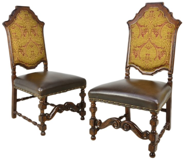 A PAIR OF ITALIAN STYLE WALNUT AND LEATHER COVERED SIDE: A PAIR OF ITALIAN STYLE WALNUT AND LEATHER COVERED SIDE CHAIRS 19th Century The shaped, exaggerated humpback crest rail is supported by a conforming back upholstered in a red and gold damask fabric. T