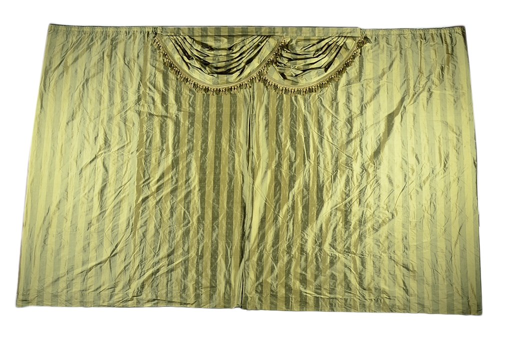 A SET OF CUSTOM MADE RAW SILK DRAPERIES WITH DOUBLE VAL: A SET OF CUSTOM MADE RAW SILK DRAPERIES WITH DOUBLE VALANCE 20th Century A pair of lined custom made raw silk striped panels in olive and dark celery with matching swagged double valance featuring a t