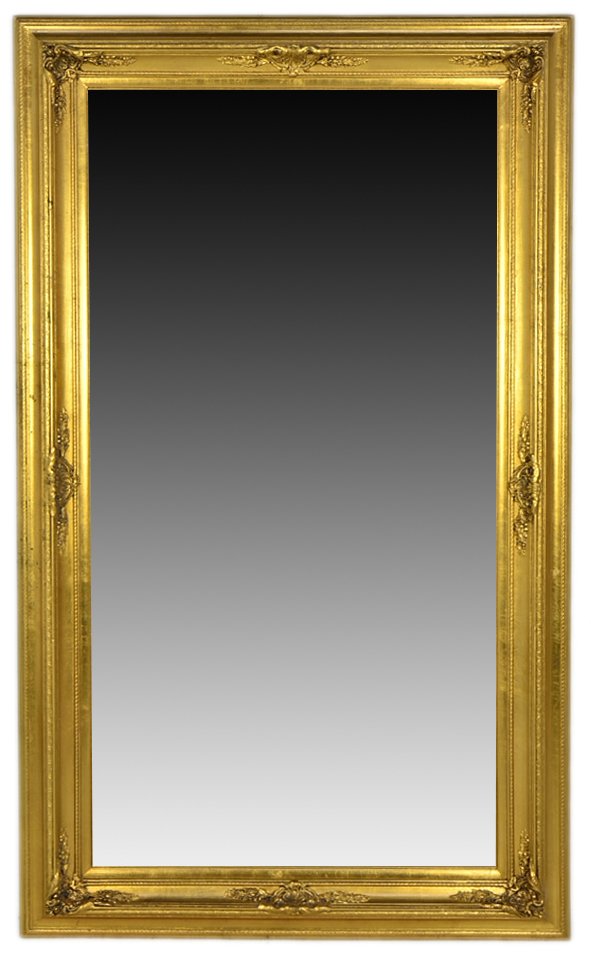 A LARGE LOUIS XVI STYLE GILTWOOD MIRROR Very good condi: A LARGE LOUIS XVI STYLE GILTWOOD MIRROR Early 20th Century The giltwood stepped rectilinear frame features hand carved rope trim and floral and foliate detail at the corners and throughout framing a b