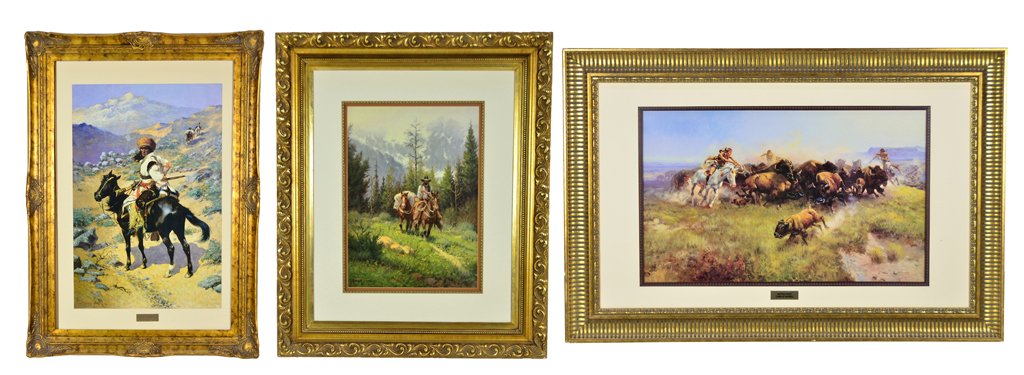 A LOT OF THREE WESTERN COWBOY PRINTS Very good conditio: A LOT OF THREE WESTERN COWBOY PRINTS 20th Century Includes: ""Cowboy on horseback"" plate signed G. Harvey. ""Native American on horseback"" plate signed Frederic Remington '89. ""Buffalo Hunt"" plate