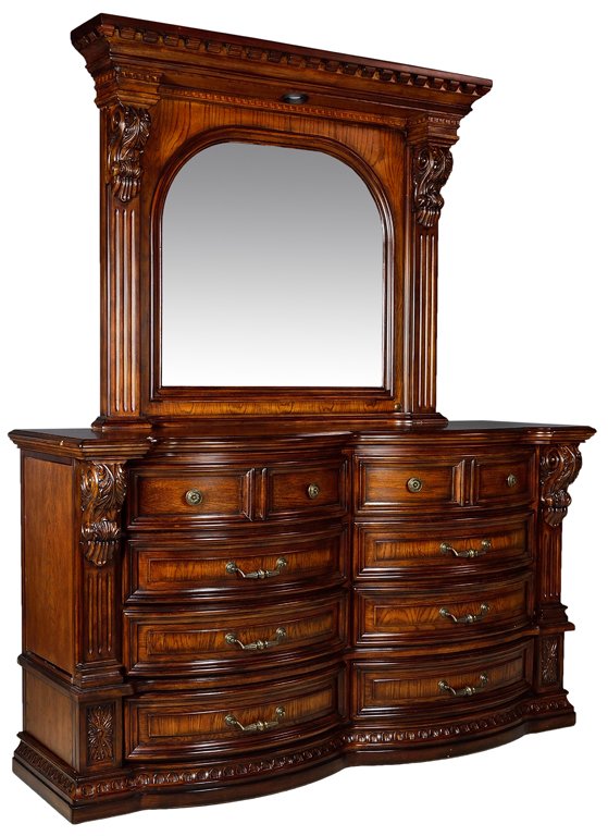 A FAIRMONT DESIGN WALNUT FINISH DOUBLE DRESSER AND MIRR: A FAIRMONT DESIGN WALNUT FINISH DOUBLE DRESSER AND MIRROR 20th Century Architectural cornice with dentils is supported by Corinthian columns flanking and arched bevel mirror; The mirror rests on a gra